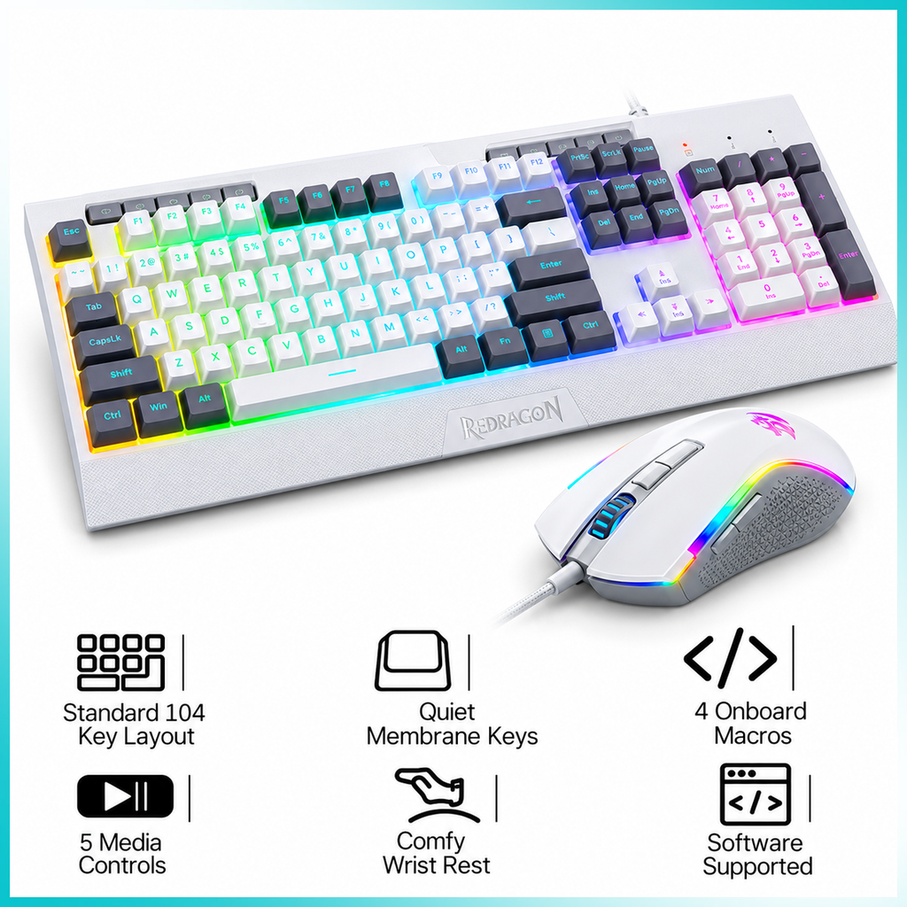 Redragon S151W Gaming Essentials Wired Keyboard & Mouse Bundle White-Gray