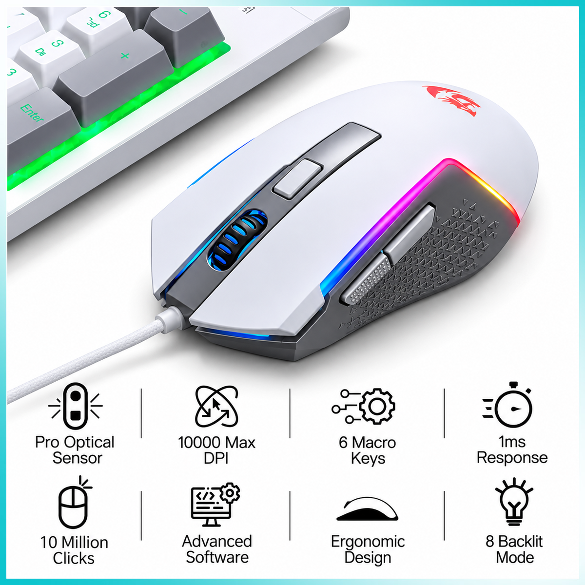 Redragon S151W Gaming Essentials Wired Keyboard & Mouse Bundle White-Gray