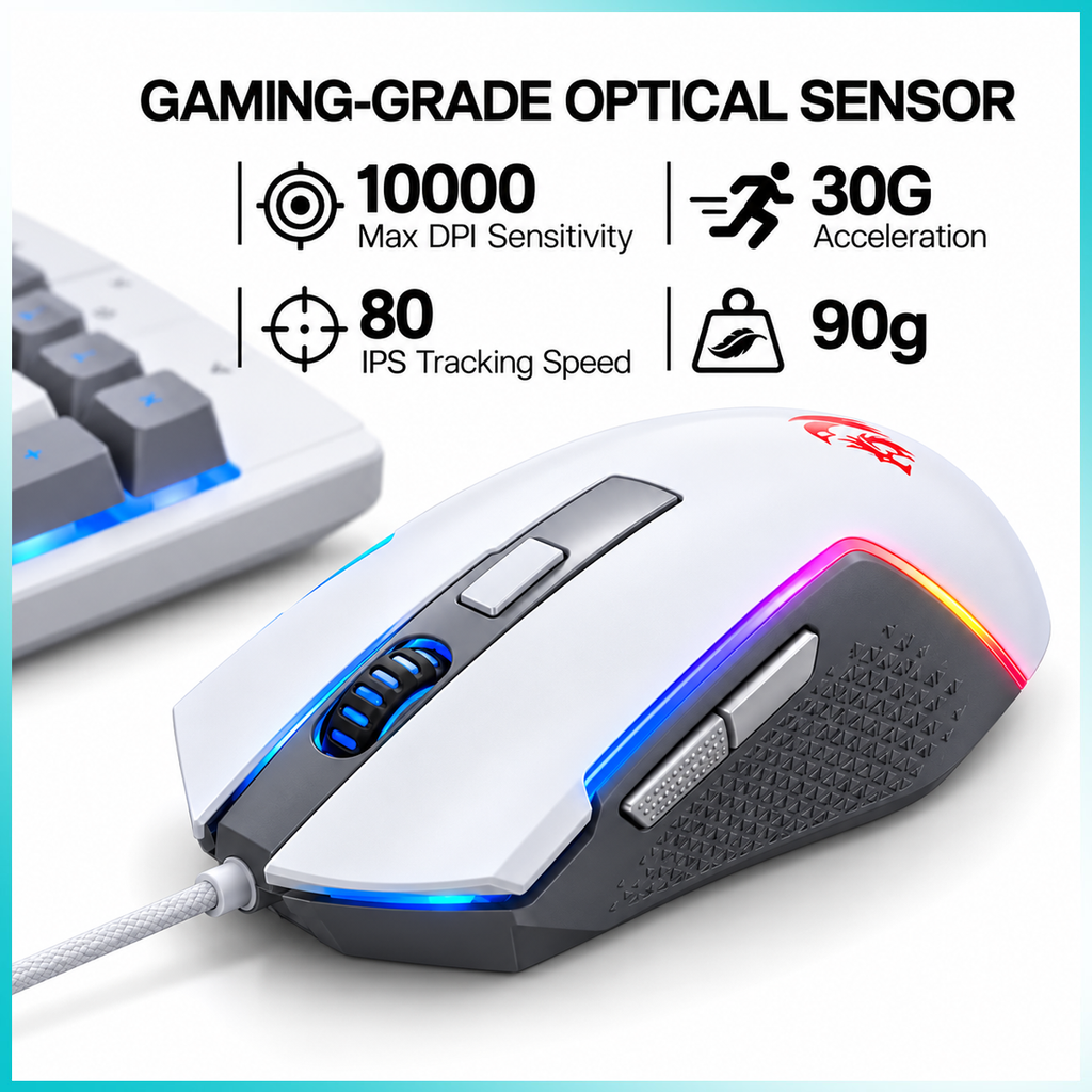 Redragon S151W Gaming Essentials Wired Keyboard & Mouse Bundle White-Gray