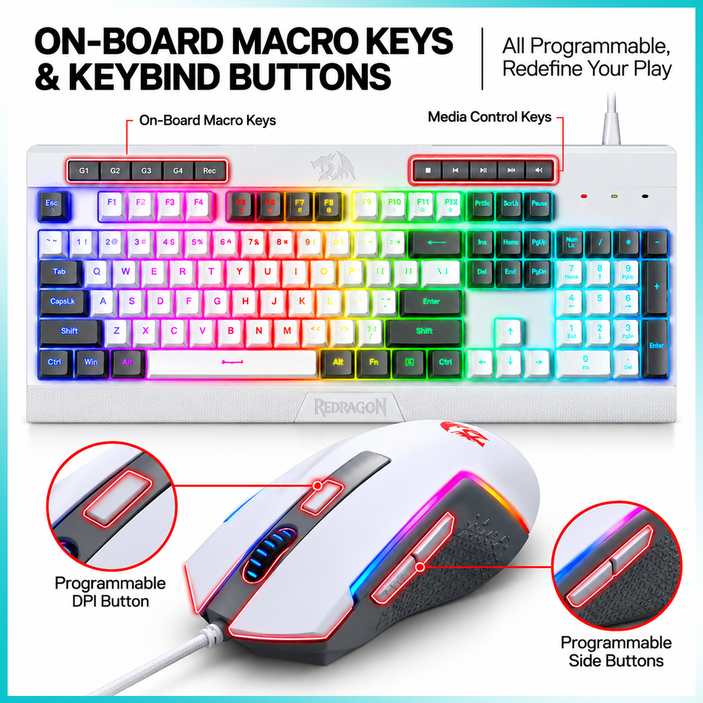 Redragon S151W Gaming Essentials Wired Keyboard & Mouse Bundle White-Gray